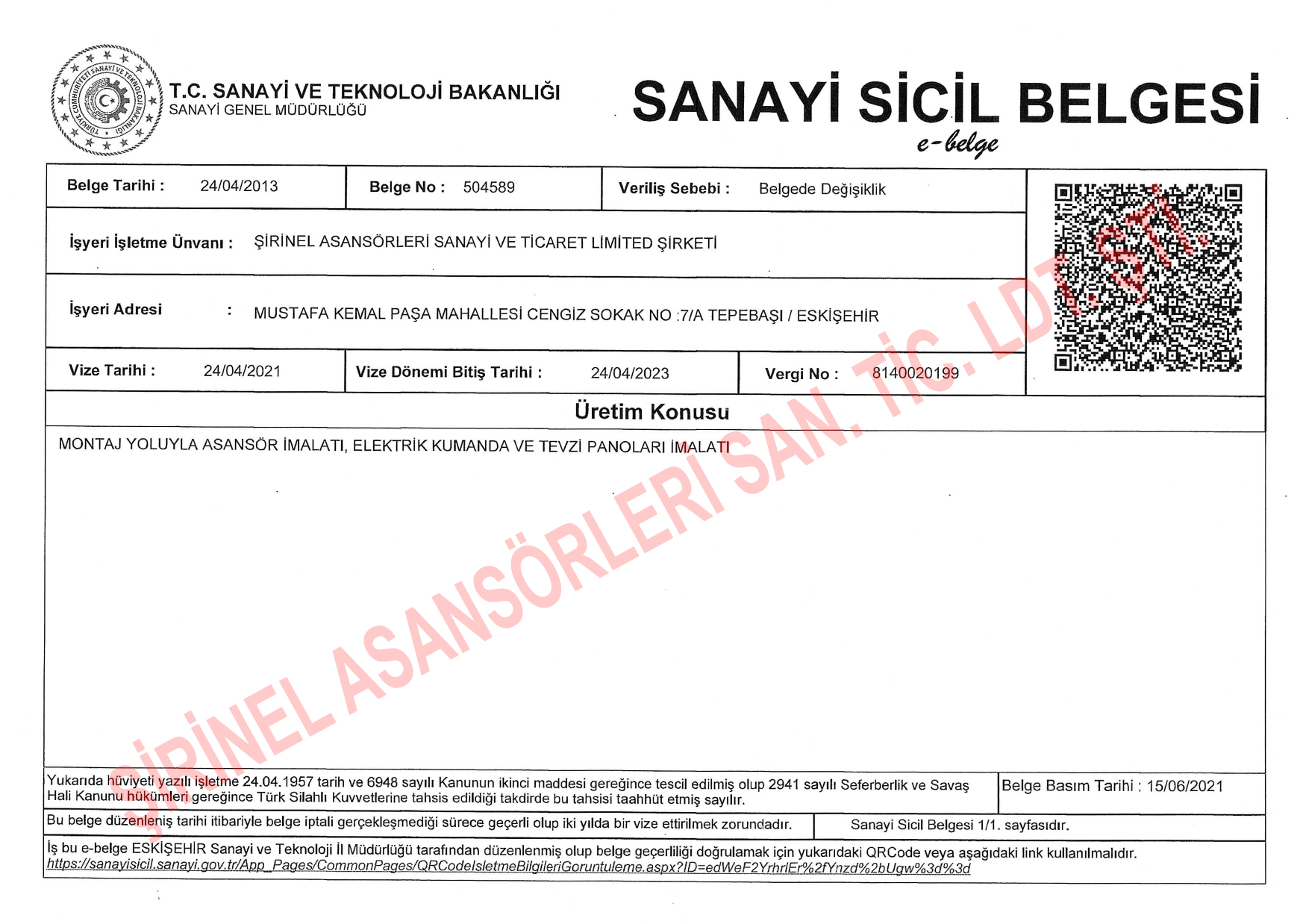Sanayi Sicil Belgesi